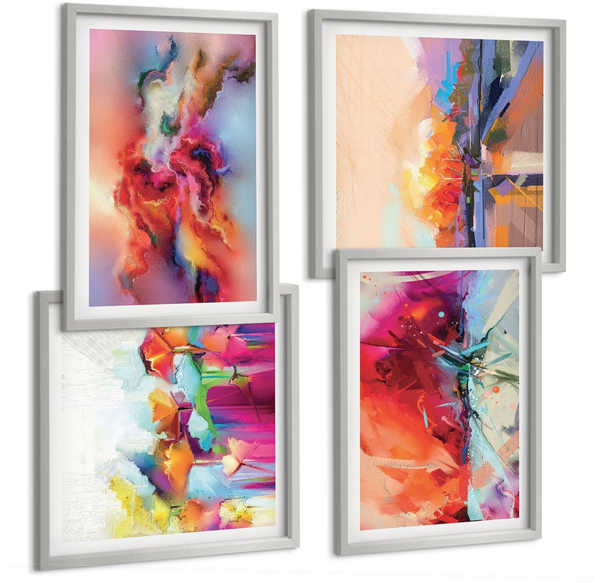Coloray 4-Delige Schilderij Set - Kleurrijke Abstracties Met Dynamische Vormen En Figuren - 40 x 40 cm En 40 x 60 cm - Muurdecoratie - Interieur Decoratie - Woonkamer Decoratie