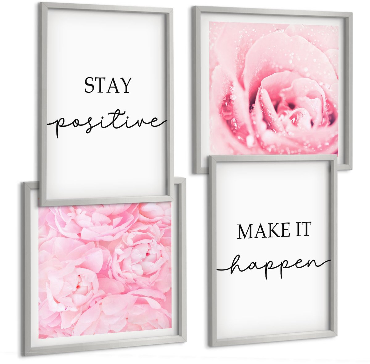 Coloray 4-Delige Schilderij Set - Minimalistische, Inspirerende Roze Bloemenletters - 40 x 40 cm En 40 x 60 cm - Wanddecoratie - Muurdecoratie - Woonkamer