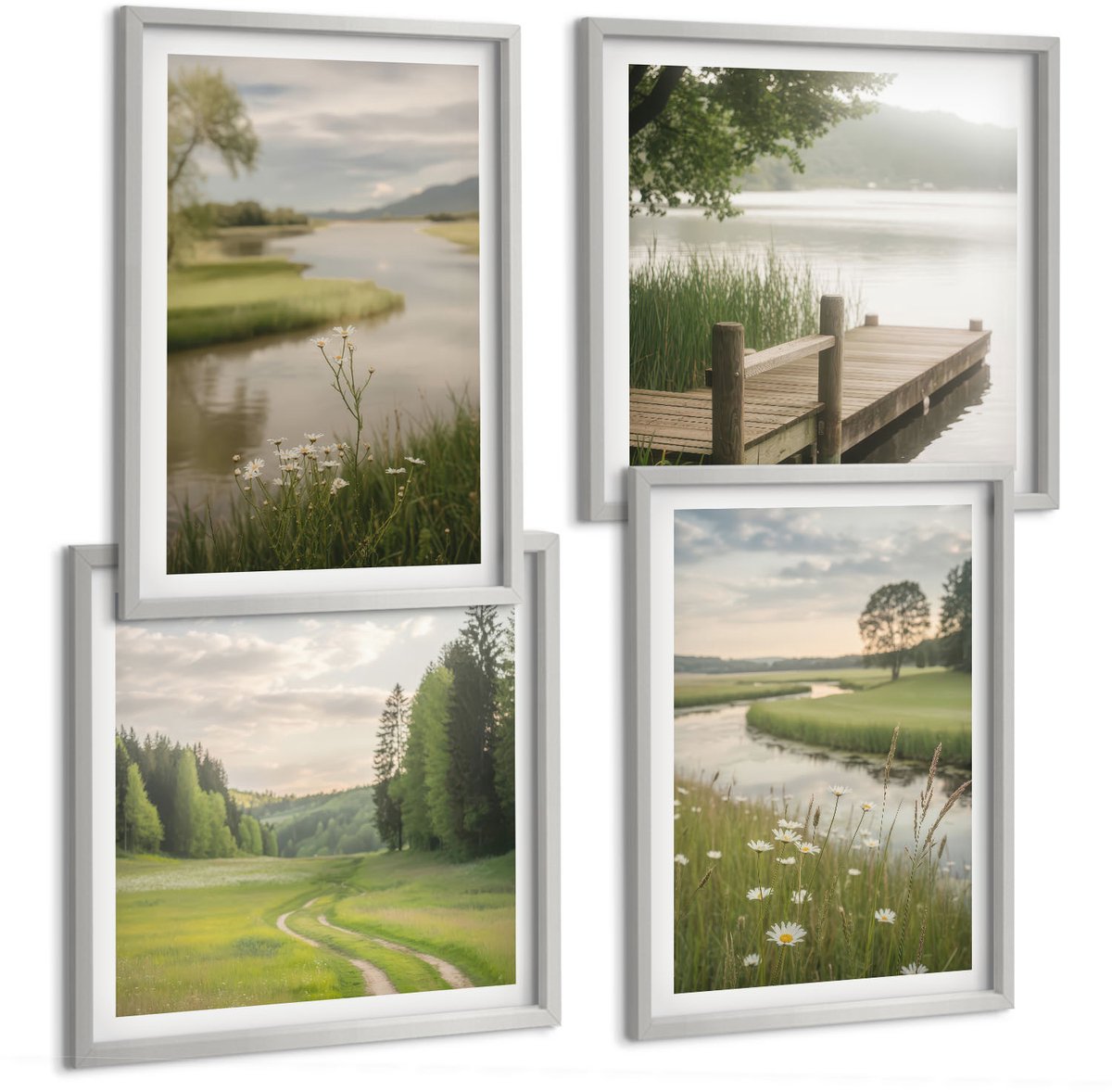 Coloray 4-Delige Schilderij Set - Vreedzame Zomerlandschappen Met Een Rivier En Een Bloemenweide - 40 x 40 cm En 40 x 60 cm - Stijlvolle Muurdecoratie - Kantoor - Interieur Decoratie
