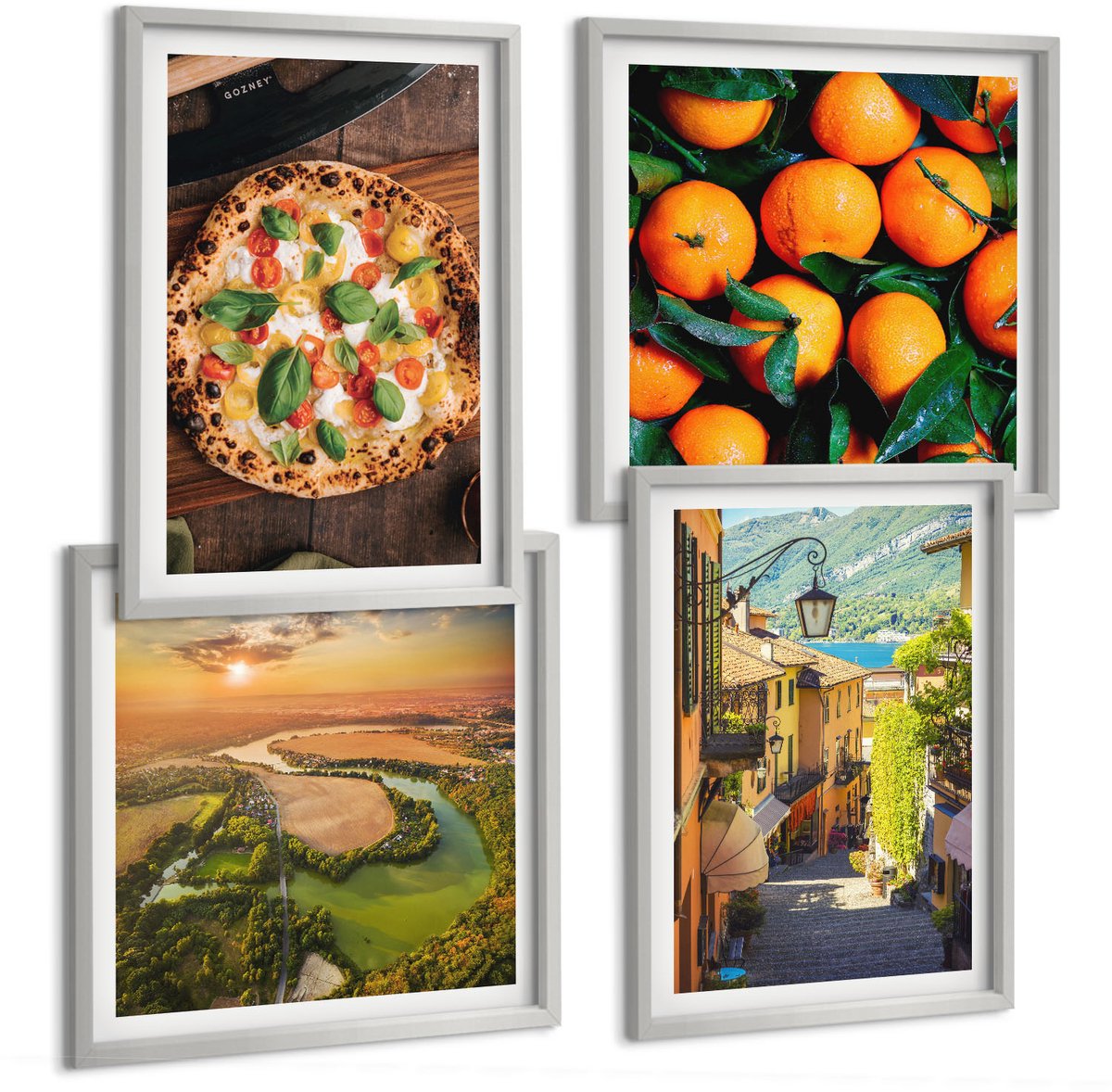 Coloray 4-Delige Schilderij Set - Italiaanse Landschappen Met Een Rivier, Heuvels En Een Stadsstraat - 40 x 40 cm En 40 x 60 cm - Wanddecoratie - Woonkamer Decoratie - Muurdecoratie