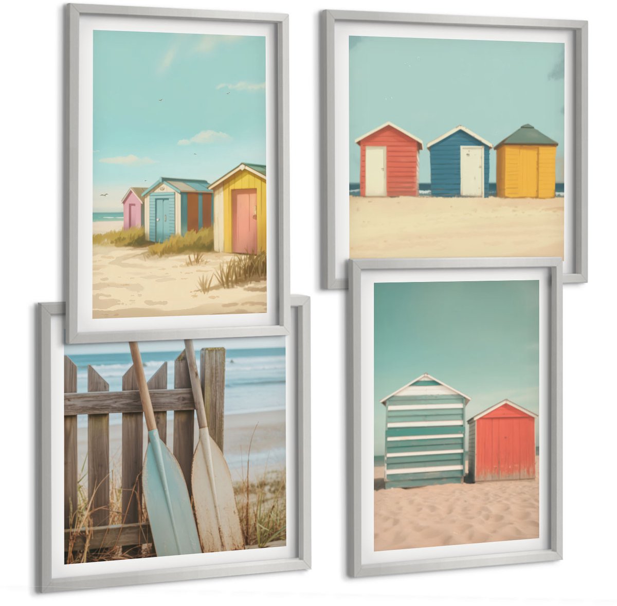 Coloray 4-Delige Schilderij Set - Kleurrijke Strandhuisjes In De Zomerzon - 40 x 40 cm En 40 x 60 cm - Wanddecoratie - Schilderijen Set - Interieur - Decoratieve Schilderijen