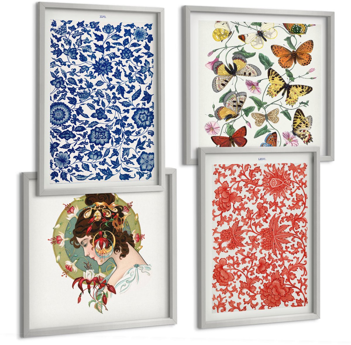 Coloray 4-Delige Schilderij Set - Vintage Posters Met Bloemen, Vlinders En Ornamenten - 40 x 40 cm En 40 x 60 cm - Muurdecoratie - Decoratieve Schilderijen - Wohnzimmer - Interieur Decoratie