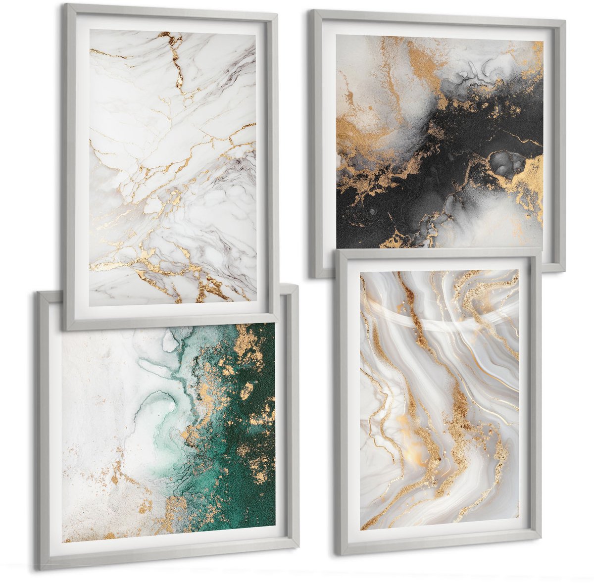 Coloray 4-Delige Schilderij Set - Abstracte Patronen In Tinten Wit, Zwart En Groen. - 40 x 40 cm En 40 x 60 cm - Muurdecoratie - Wanddecoratie - Hal - Woonkamer Decoratie