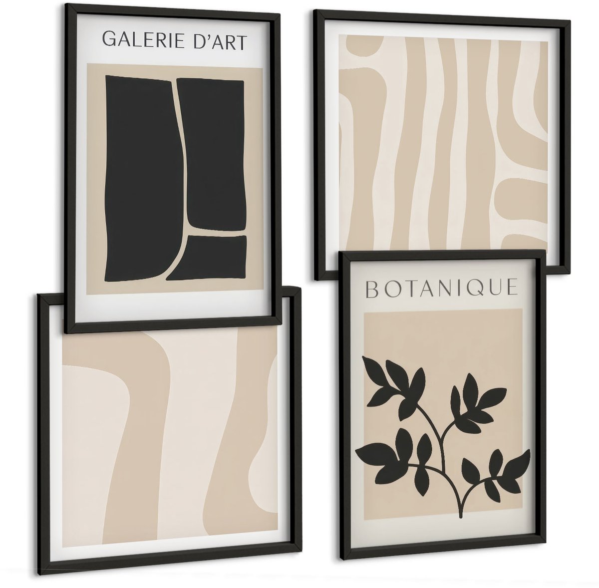 Coloray 4-Delige Schilderij Set - Abstracte Vormen En Plantmotieven In Neutrale Tinten. - 40 x 40 cm En 40 x 60 cm - Muurdecoratie - Wanddecoratie - Hal - Decoratieve Schilderijen Zwarte lijst