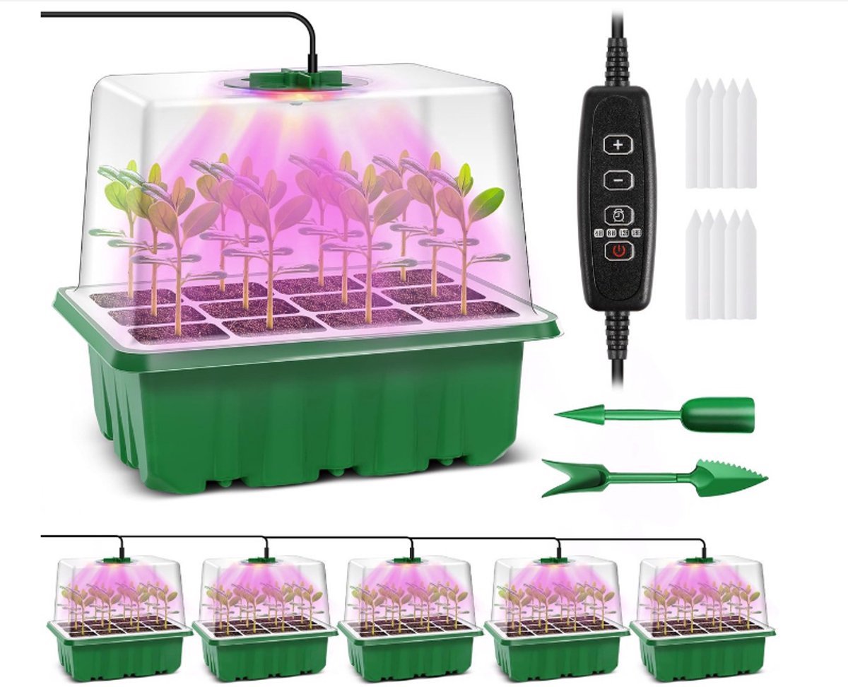 casalora® - Zaaitrays met kweeklamp - 5-pack kweekbak - Moestuin Kweekkas - Met tijdsregelaar en instelbare helderheid - Met vochtigheidskoepels en verhoogde deksels voor kassen en tuinen - Kweektafel - Groeilicht - Kweekbakken groenten