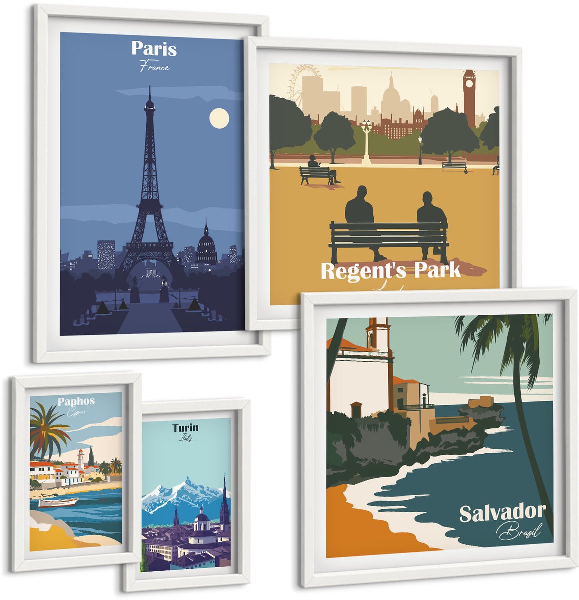 Coloray 5-Delige Schilderij Set - Europese Steden En Hun Retro Toeristische Iconen - 50 x 50 cm, 20 x 30 cm En 40 x 60 cm - Wanddecoratie - Muurdecoratie - Woonkamer