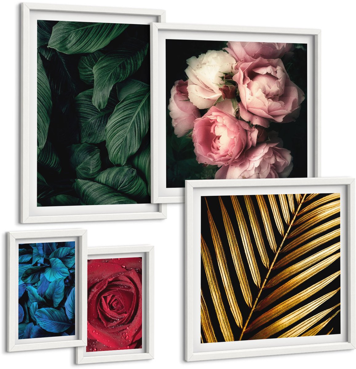 Coloray 5-Delige Schilderij Set - Plantmotieven Met Bloemen En Bladeren In Een Natuurlijke Stijl - 50 x 50 cm, 20 x 30 cm En 40 x 60 cm - Stijlvolle Wanddecoratie - Interieur - Muurdecoratie