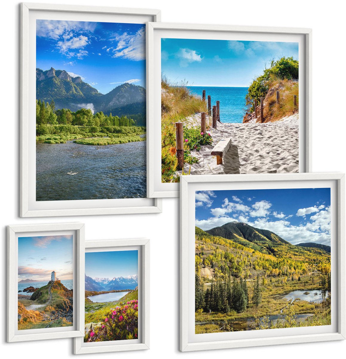Coloray 5-Delige Schilderij Set - Natuurlandschappen Met Uitzicht Op Bergen En Stranden - 50 x 50 cm, 20 x 30 cm En 40 x 60 cm - Muurdecoratie - Decoratieve Schilderijen - Wohnzimmer