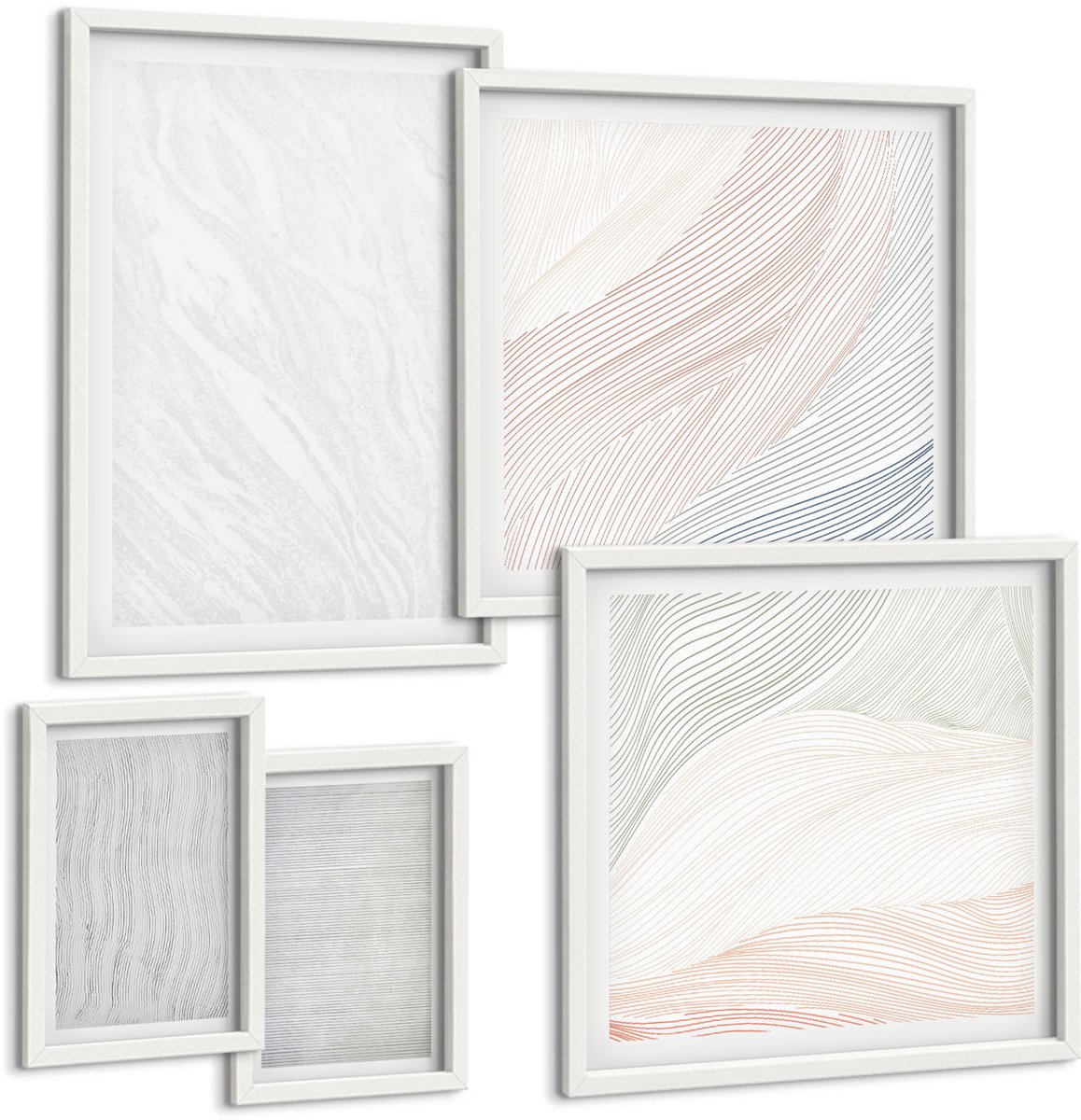 Coloray 5-Delige Schilderij Set - Heldere Structuren, Snaarpatronen Op Zand - 50 x 50 cm, 20 x 30 cm En 40 x 60 cm - Muurdecoratie - Schilderijen Set - Woonkamer - Woonkamer Decoratie