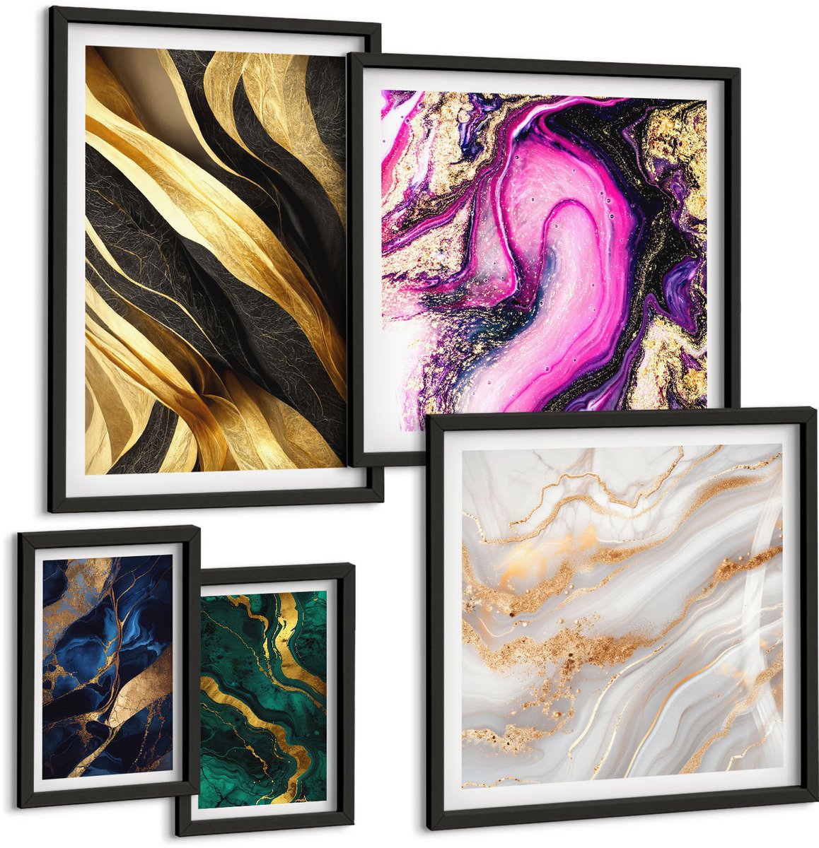 Coloray 5-Delige Schilderij Set - Abstracte Patronen In Een Moderne Stijl Met Metallic Accenten - 50 x 50 cm, 20 x 30 cm En 40 x 60 cm - Muurdecoratie - Wanddecoratie - Slaapkamer - Woonkamer Decoratie Zwarte lijst