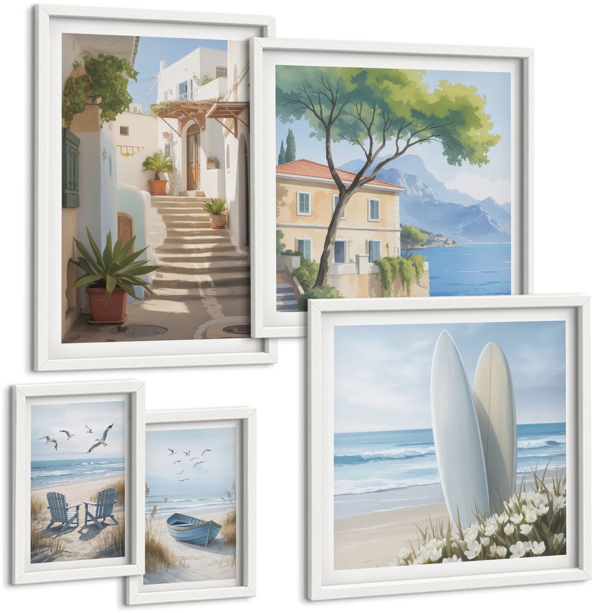 Coloray 5-Delige Schilderij Set - Stijlvol Uitzicht Op Zee Met Stranden En Landschappen. - 50 x 50 cm, 20 x 30 cm En 40 x 60 cm - Wanddecoratie - Muurdecoratie - Woonkamer - Decoratieve Schilderijen