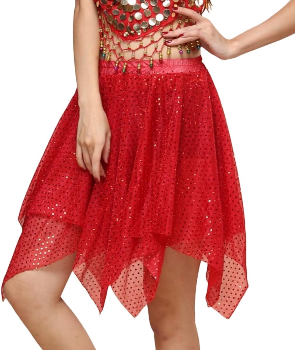 Rokken met pailletten voor dames, latin dans, onregelmatige rok, buikdans, vloeiende feeënrok, knielengte, grote onregelmatige zoom, glanzende gelaagde dansrok voor rave-party, optredens, yogales,