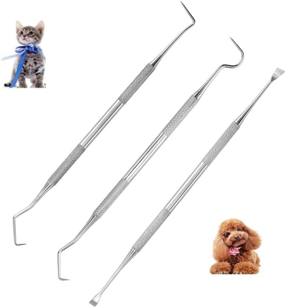 Tandreinigingsgereedschapsset voor huisdieren, 3-delig, roestvrij staal, tandsteen- en plaque-verwijderaar, tandsteenreinigingsgereedschap voor honden en katten (3 stuks)