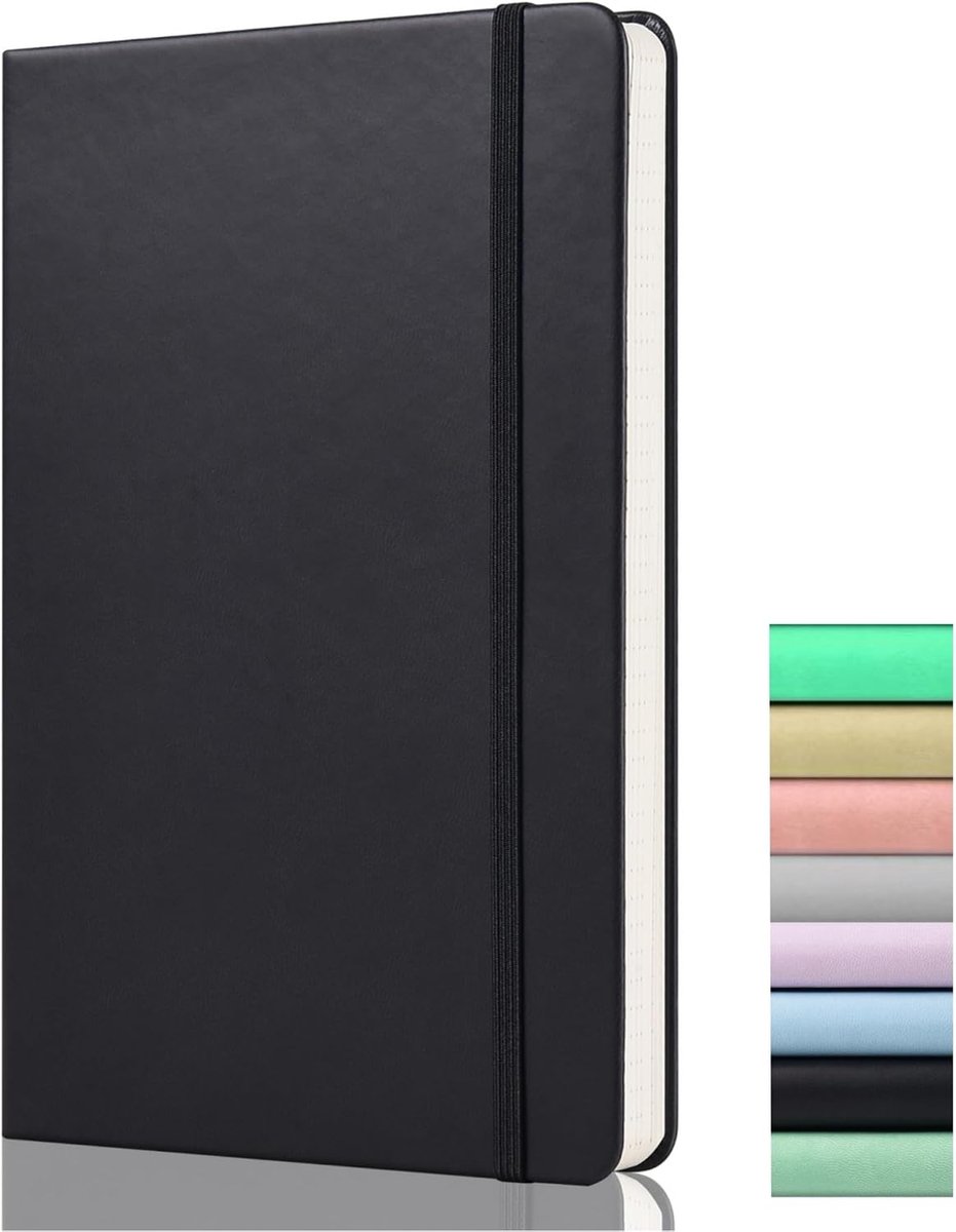 Gestippeld Notitieboekje - A5 Gestippeld Notitieboekje, Premium Hardcover Gestippeld Dagboek met 120GSM Dik Papier, 172 Pagina's, Achterzak, Elastisch, 2 Mark Linten, Zwart