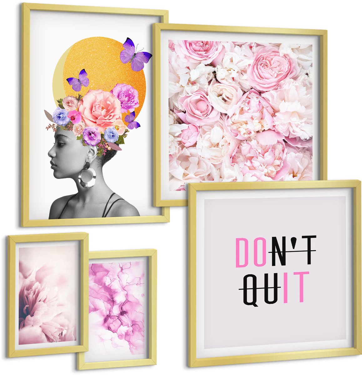 Coloray 5-Delige Schilderij Set - Bloemmotieven Met Vrouwen En Inspirerende Slogans - 50 x 50 cm, 20 x 30 cm En 40 x 60 cm - Wanddecoratie - Schilderijen Set - Interieur - Interieur Decoratie