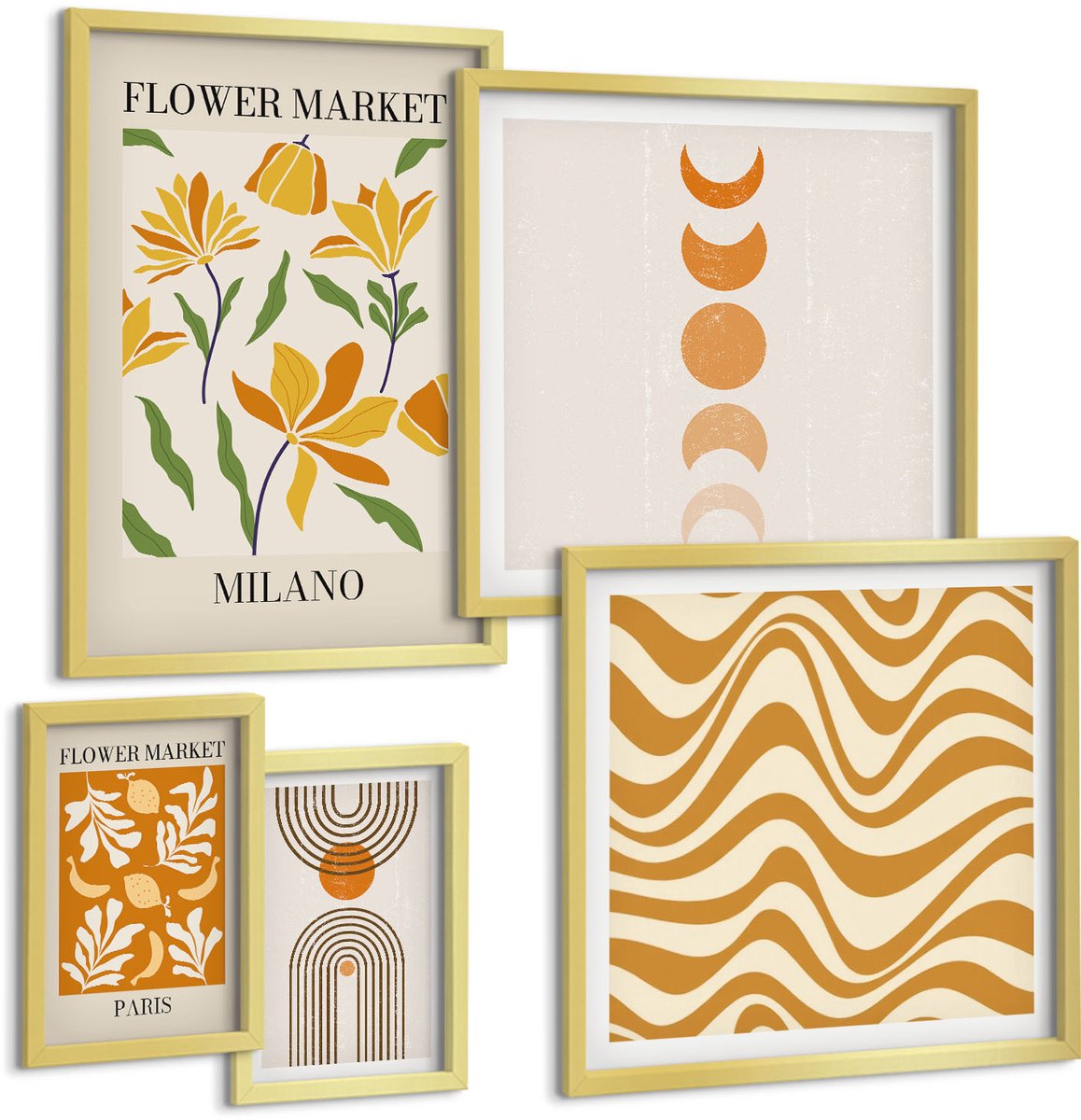 Coloray 5-Delige Schilderij Set - Stijlvolle Decoraties Met Bloemen- En Geometrische Motieven. - 50 x 50 cm, 20 x 30 cm En 40 x 60 cm - Wanddecoratie - Schilderijen Set - Interieur