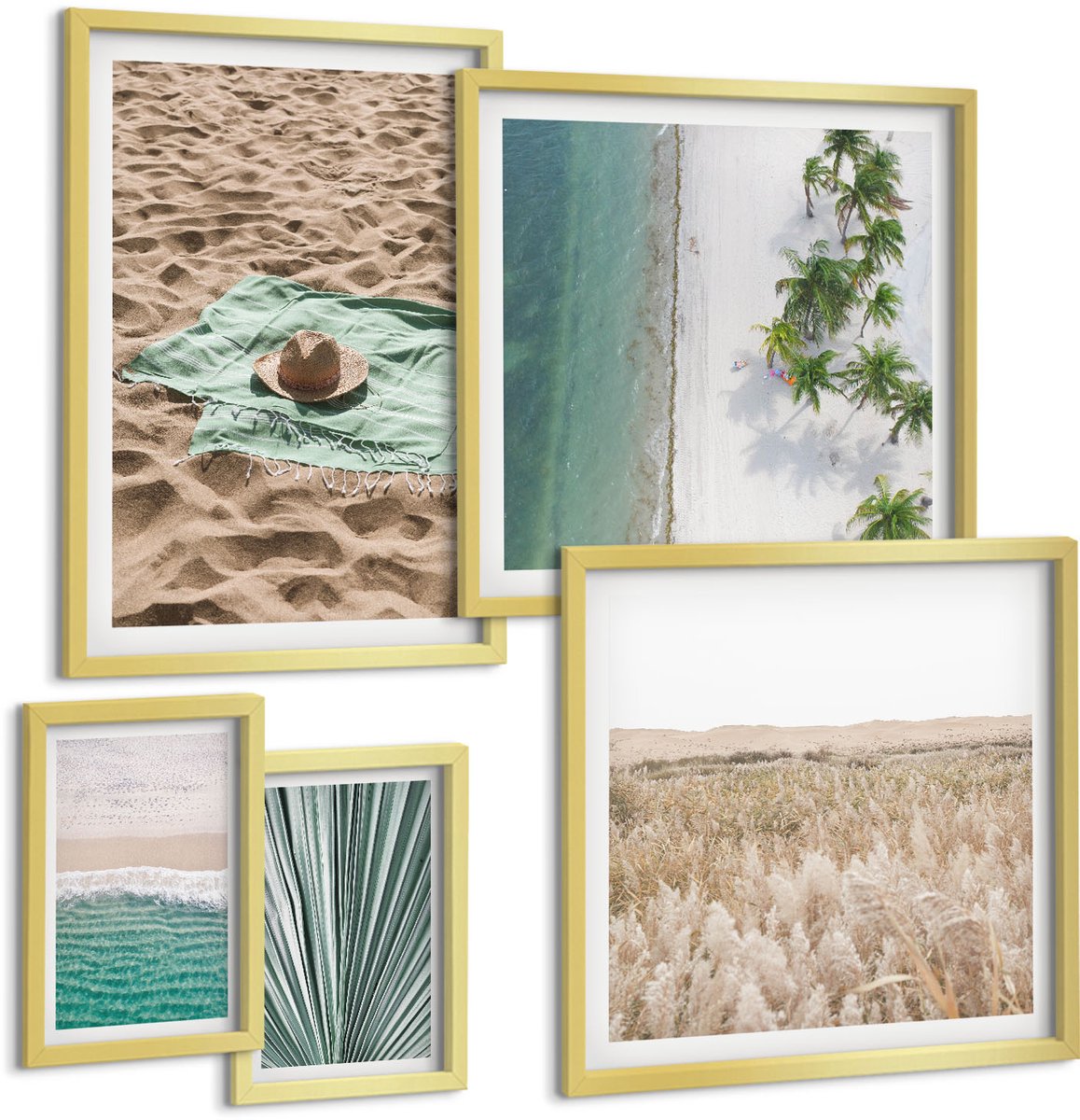 Coloray 5-Delige Schilderij Set - Ontspannend Uitzicht Op Het Strand En Tropische Natuur - 50 x 50 cm, 20 x 30 cm En 40 x 60 cm - Wanddecoratie - Muurdecoratie - Moderne Interieurdecoratie - Decoratieve Schilderijen