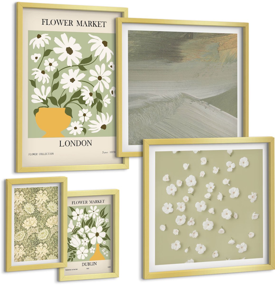 Coloray 5-Delige Schilderij Set - Bloemmotieven Tegen De Achtergrond Van Stadspleinen En Landschappen - 50 x 50 cm, 20 x 30 cm En 40 x 60 cm - Wanddecoratie - Moderne Interieurdecoratie - Woonkamer Decoratie