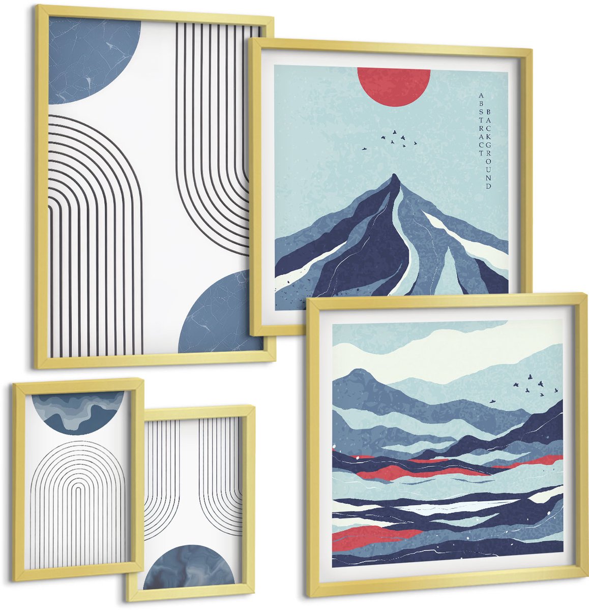 Coloray 5-Delige Schilderij Set - Abstracte Landschappen Met Geometrische Vormen En Kleuren. - 50 x 50 cm, 20 x 30 cm En 40 x 60 cm - Muurdecoratie - Wanddecoratie - Hal - Stijlvolle Muurdecoratie