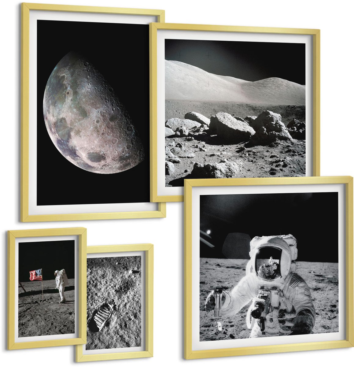 Coloray 5-Delige Schilderij Set - Maanlandschappen Met Astronauten En Ruimteverkenning - 50 x 50 cm, 20 x 30 cm En 40 x 60 cm - Stijlvolle Wanddecoratie - Interieur - Stijlvolle Muurdecoratie