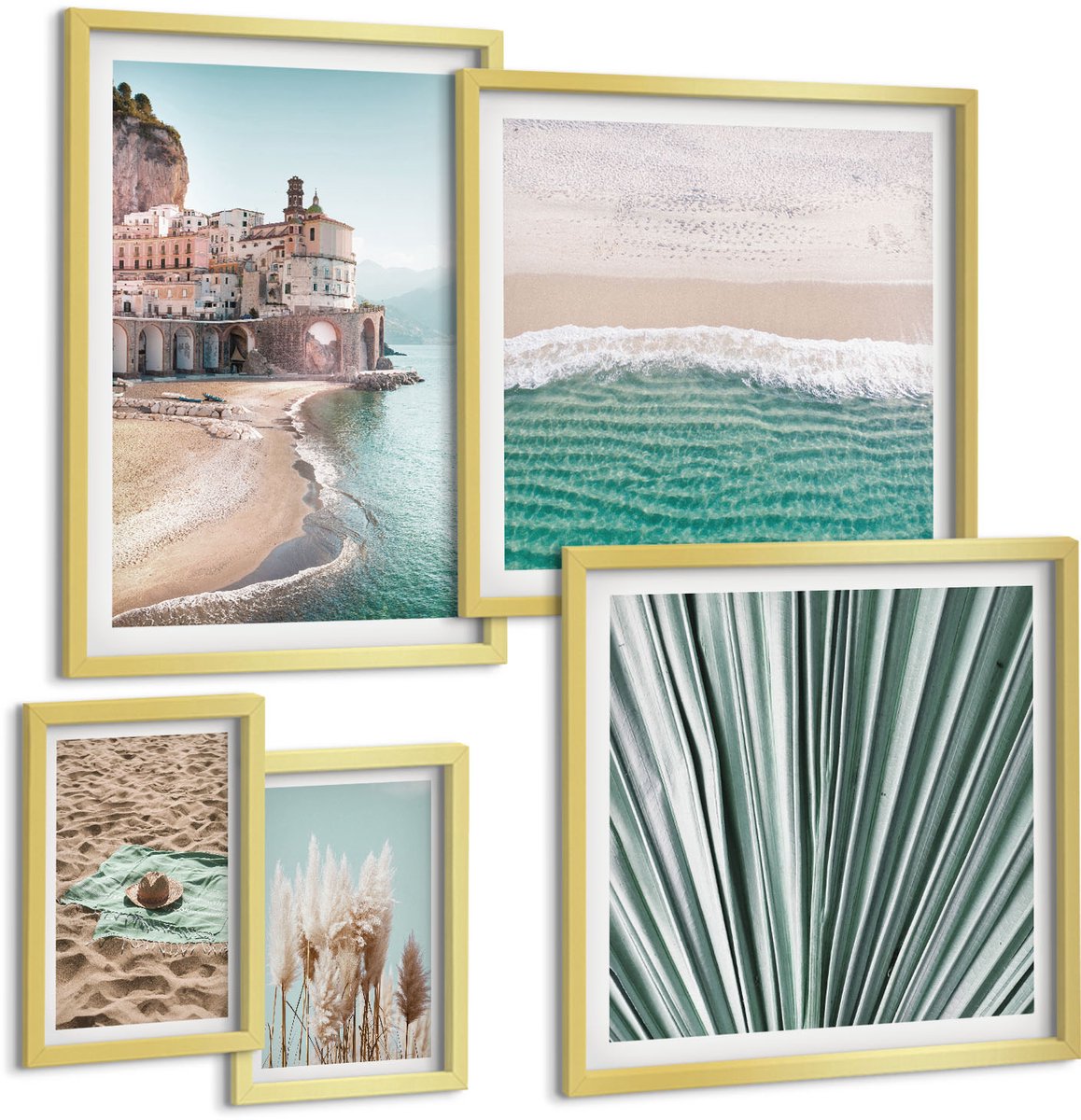 Coloray 5-Delige Schilderij Set - Stijlvol Uitzicht Op Zee Met Stranden En Vegetatie. - 50 x 50 cm, 20 x 30 cm En 40 x 60 cm - Wanddecoratie - Muurdecoratie - Woonkamer