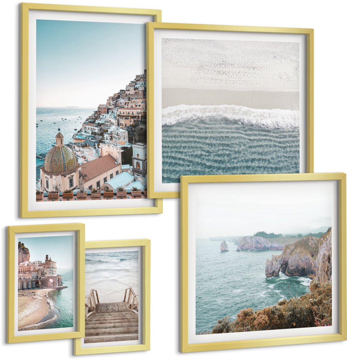 Coloray 5-Delige Schilderij Set - Kustlandschappen Met Charmante Stadjes En Stranden - 50 x 50 cm, 20 x 30 cm En 40 x 60 cm - Stijlvolle Muurdecoratie - Kantoor - Woonkamer Decoratie