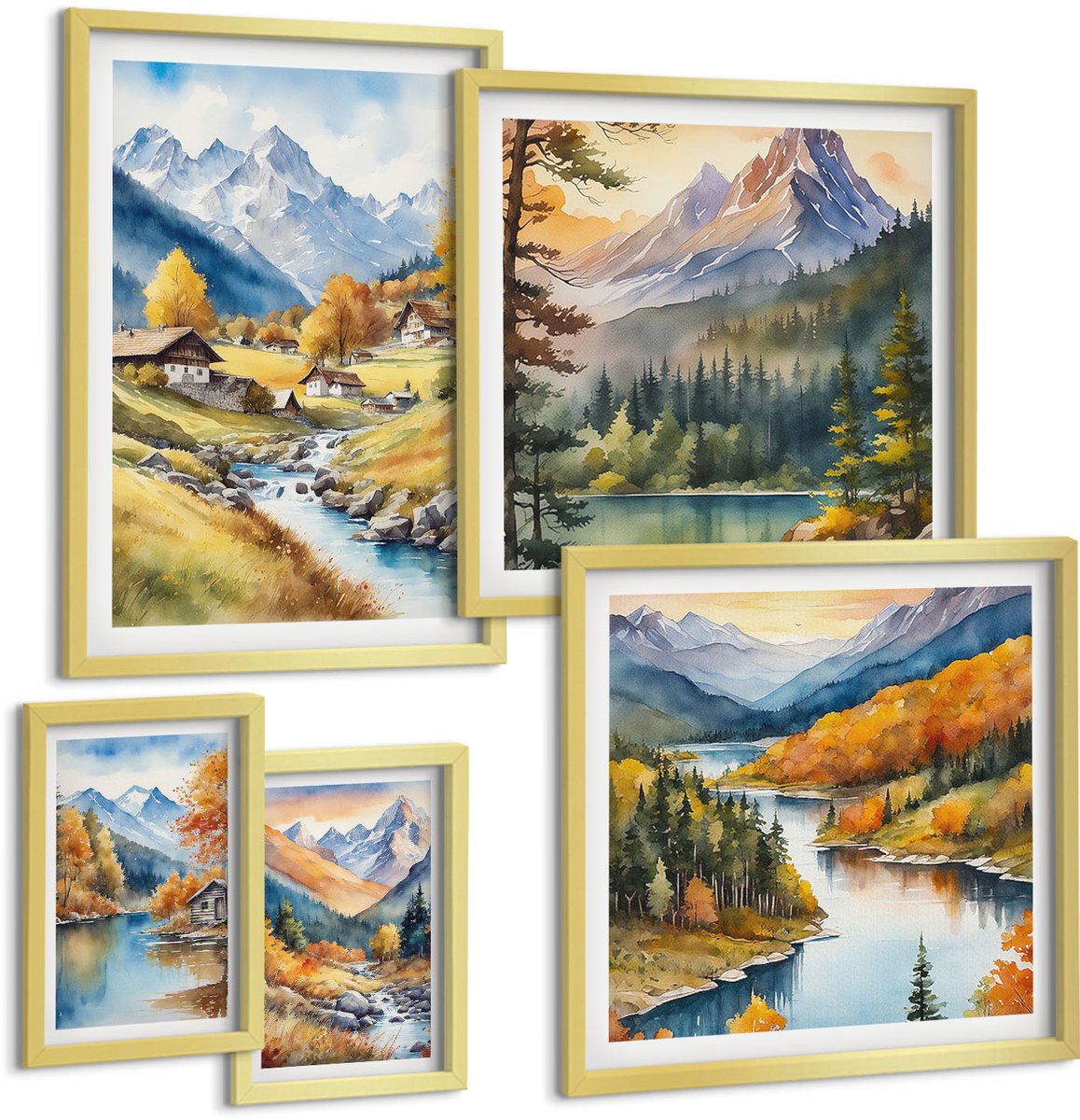 Coloray 5-Delige Schilderij Set - Berglandschappen Met Pittoreske Valleien En Rivieren - 50 x 50 cm, 20 x 30 cm En 40 x 60 cm - Schilderijen Set - Wanddecoratie - Woonkamer - Moderne Wanddecoratie