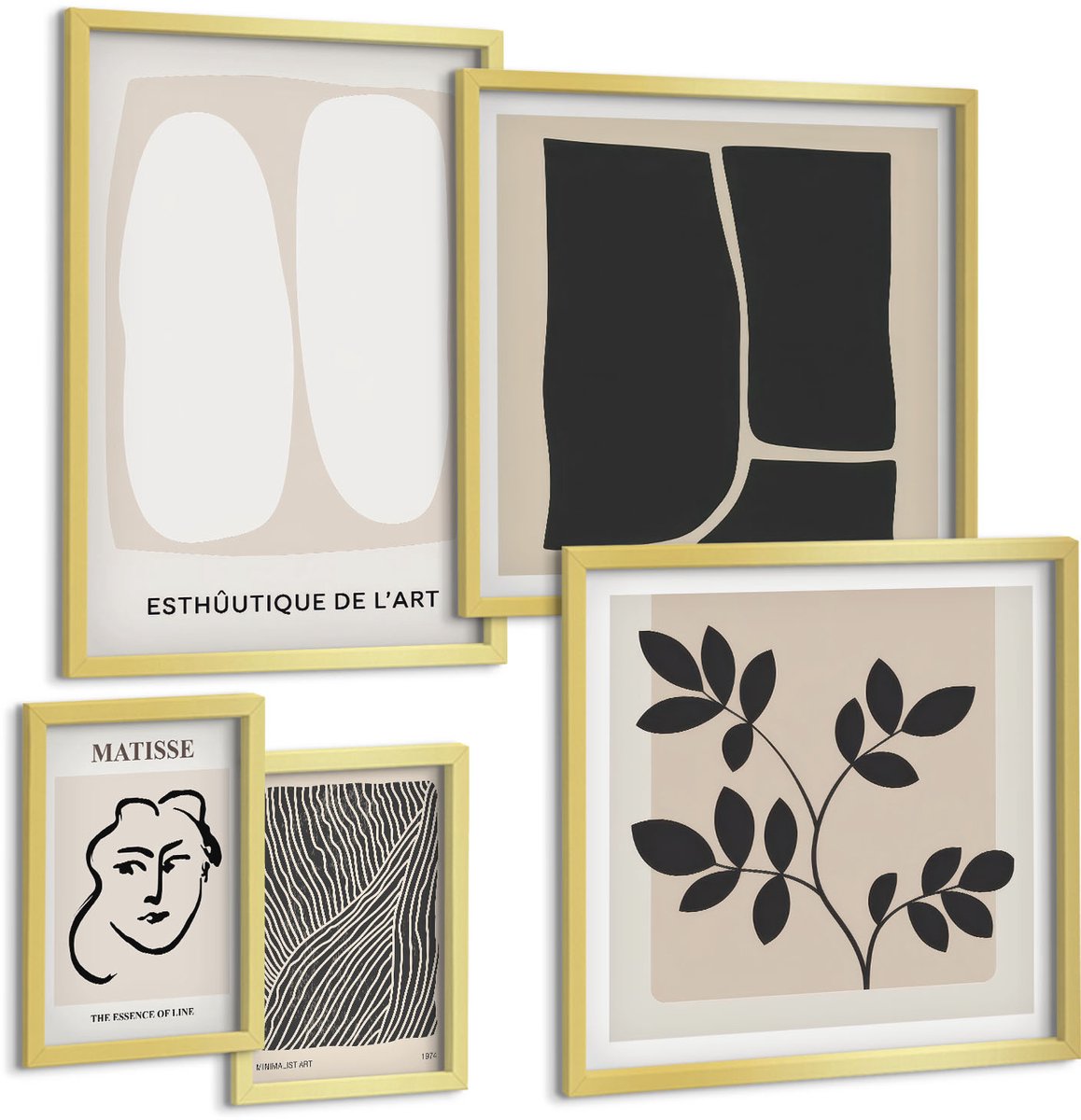 Coloray 5-Delige Schilderij Set - Stijlvolle Graphics In Een Minimalistisch Ontwerp Met Lijnen En Vormen. - 50 x 50 cm, 20 x 30 cm En 40 x 60 cm - Muurdecoratie - Decoratieve Schilderijen - Wohnzimmer - Wanddecoratie