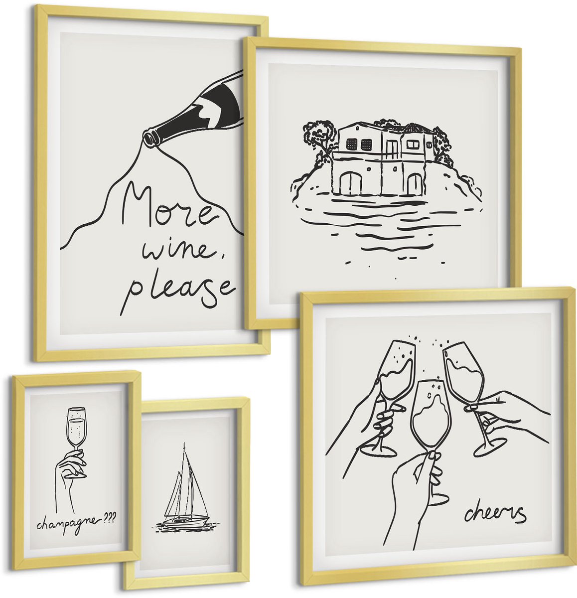 Coloray 5-Delige Schilderij Set - Stijlvolle Illustraties Voor Een Wijn- En Toastfeest. - 50 x 50 cm, 20 x 30 cm En 40 x 60 cm - Moderne Wanddecoratie - Woonkamer - Muurdecoratie