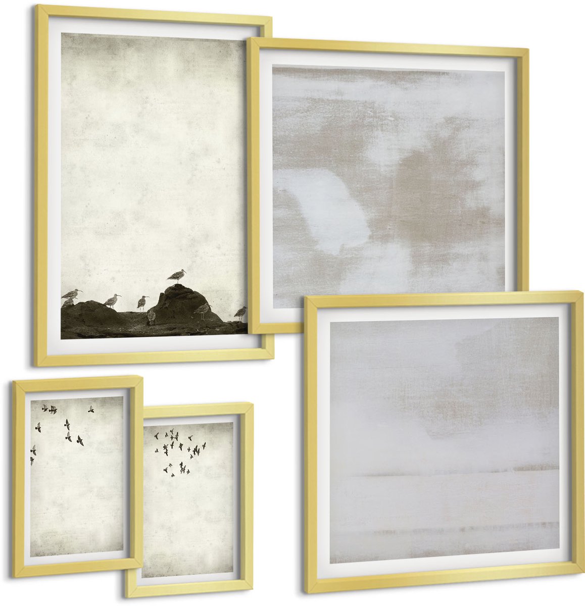 Coloray 5-Delige Schilderij Set - Vliegende Zwerm Vogels, Industriële Texturen - 50 x 50 cm, 20 x 30 cm En 40 x 60 cm - Stijlvolle Wanddecoratie - Interieur