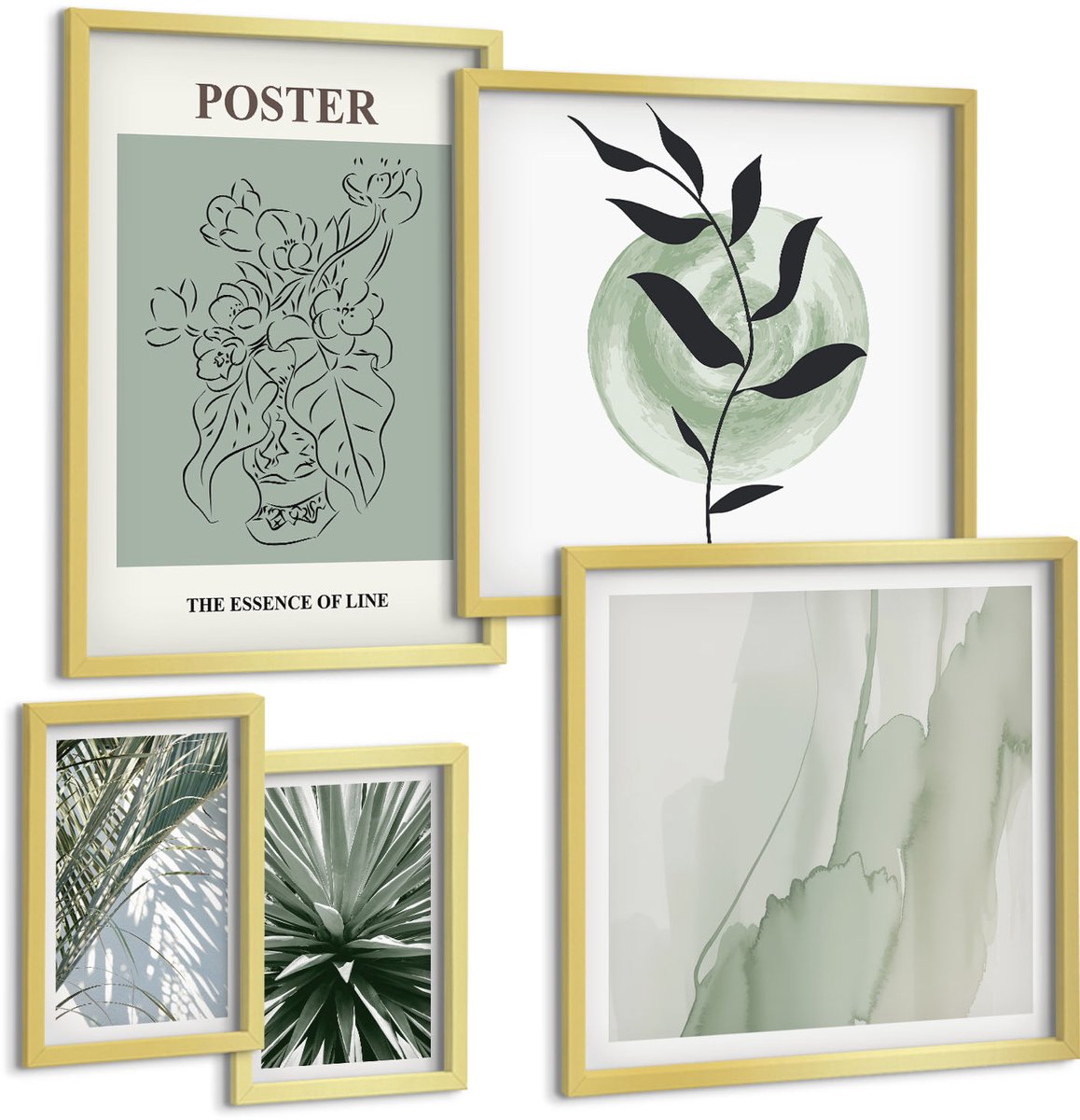 Coloray 5-Delige Schilderij Set - Planteninspiratie In Delicate Natuurlijke Tinten - 50 x 50 cm, 20 x 30 cm En 40 x 60 cm - Schilderijen Set - Wanddecoratie - Woonkamer - Decoratieve Schilderijen