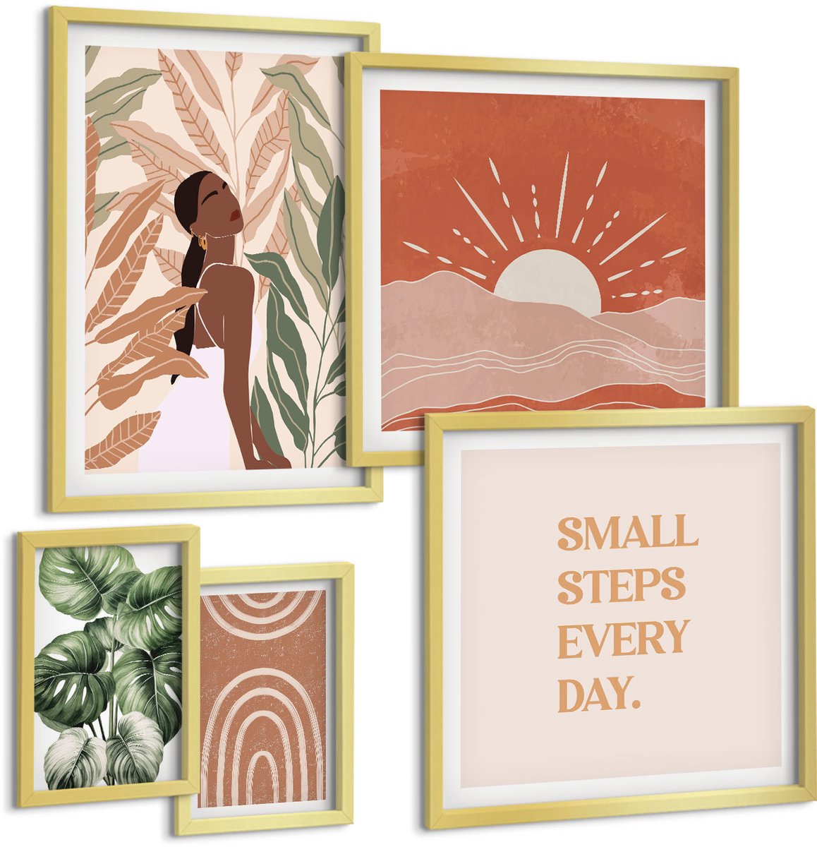Coloray 5-Delige Schilderij Set - Boho-Stijl Met Een Plantenmotief En Positieve Slogans. - 50 x 50 cm, 20 x 30 cm En 40 x 60 cm - Decoratieve Schilderijen - Wanddecoratie - Hal