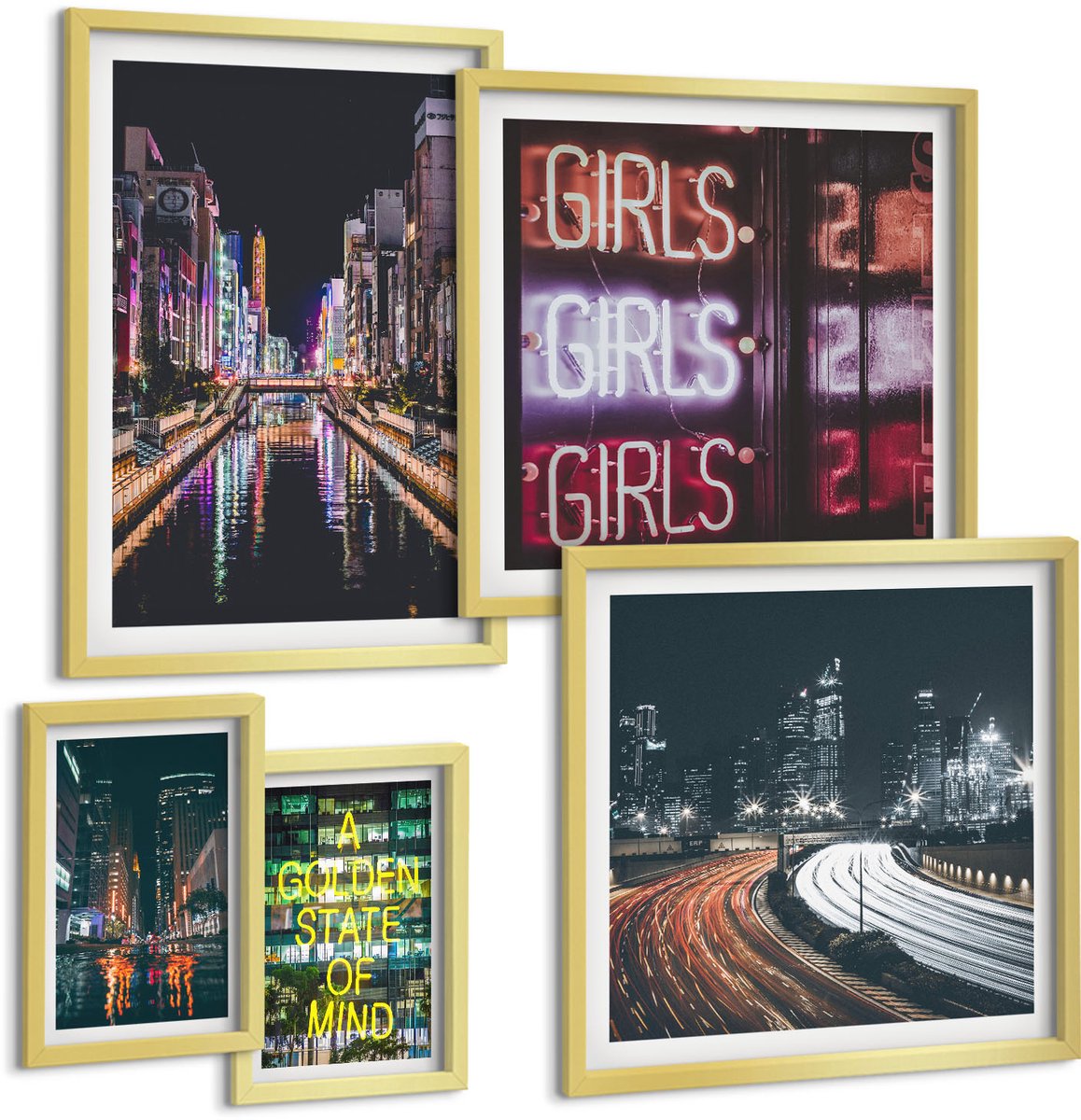 Coloray 5-Delige Schilderij Set - Moderne Stad 'S Nachts Met Neonlichten En Reflecties In Het Water. - 50 x 50 cm, 20 x 30 cm En 40 x 60 cm - Muurdecoratie - Interieur Decoratie