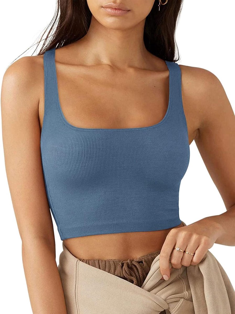 Tanktop voor dames, zomer, sexy, mouwloos, met vierkante hals, korte tanktop, nauwsluitend, casual, elegant, effen, shirt