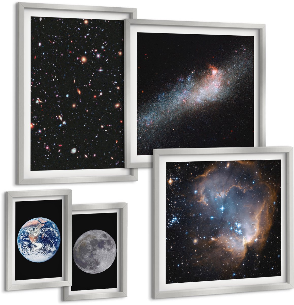 Coloray 5-Delige Schilderij Set - Ruimte, Melkweg, Sterren En Volle Maan - 20 x 30 cm - Decoratieve Schilderijen - Woonkamer - Interieur - Moderne Wanddecoratie