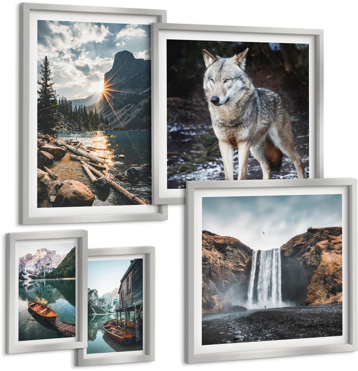 Coloray 5-Delige Schilderij Set - Bergen, Meren En Wolven In Hun Natuurlijke Omgeving - 20 x 30 cm - Decoratieve Schilderijen - Woonkamer - Interieur - Woonkamer Decoratie
