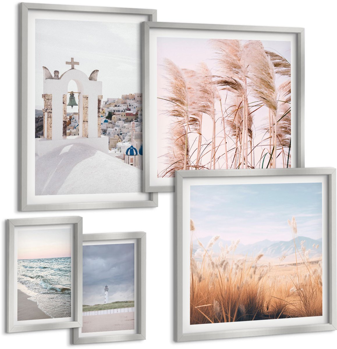 Coloray 5-Delige Schilderij Set - Zeeplanten, Zeegolven, Uitzicht Op De Witte Huizen - 20 x 30 cm - Wanddecoratie - Muurdecoratie - Moderne Interieurdecoratie - Decoratieve Schilderijen