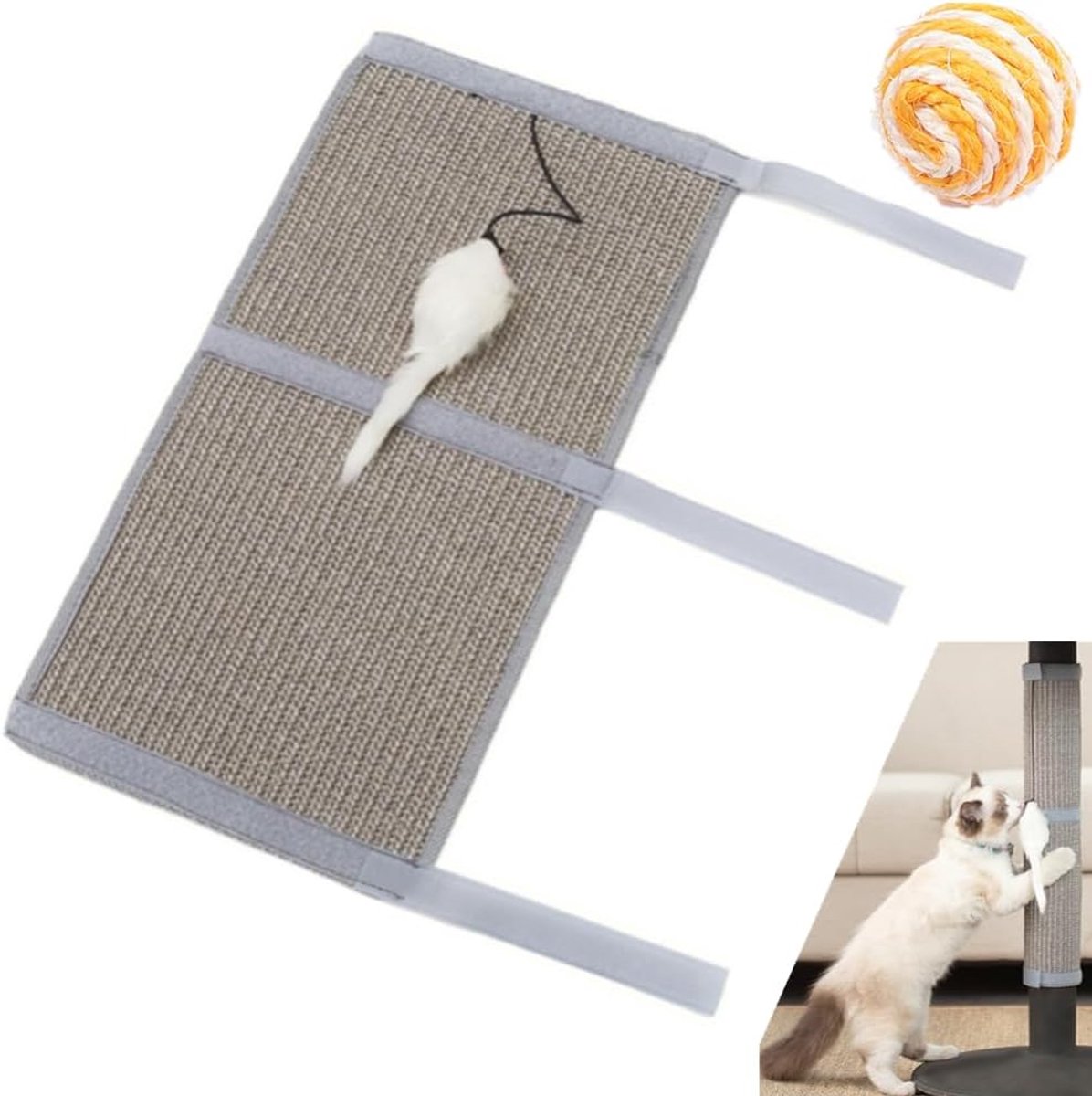 1 stuk Tafelpoot Kat Krabbord met Bungeekoord Muis Speelgoed Sisal Krabmat Beschermer voor Meubels Been Krabmat Beschermer Wikkelband 63cm*25cm+1 Sisalbal