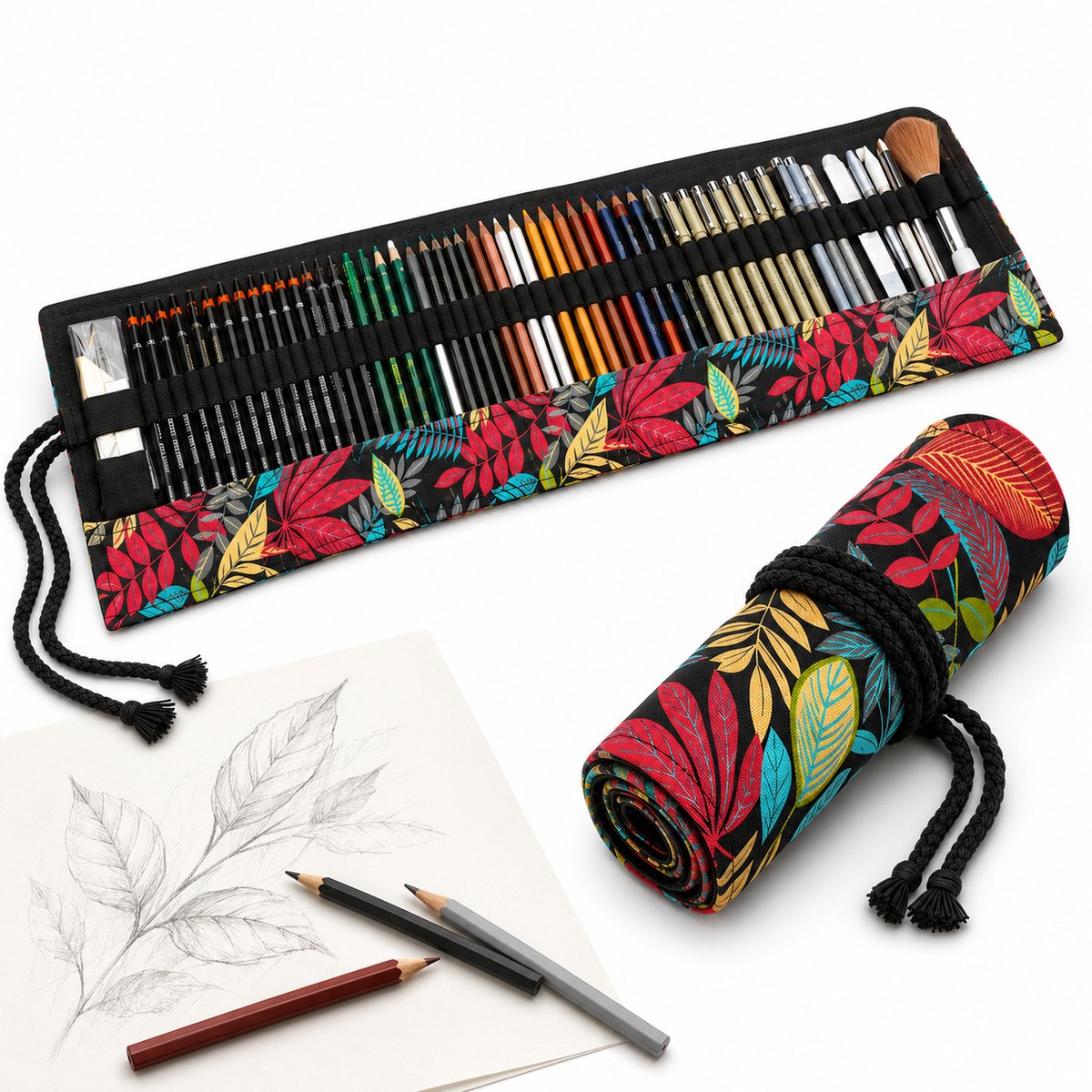 VHV-Roletui voor 72 Potloden en Pennen – Canvas Pennenetui – Grote Oprolbare Pennenzak – 82x20 cm – Voor Tekenen, Schetsen en Opbergen - Stijl van vallende bladeren