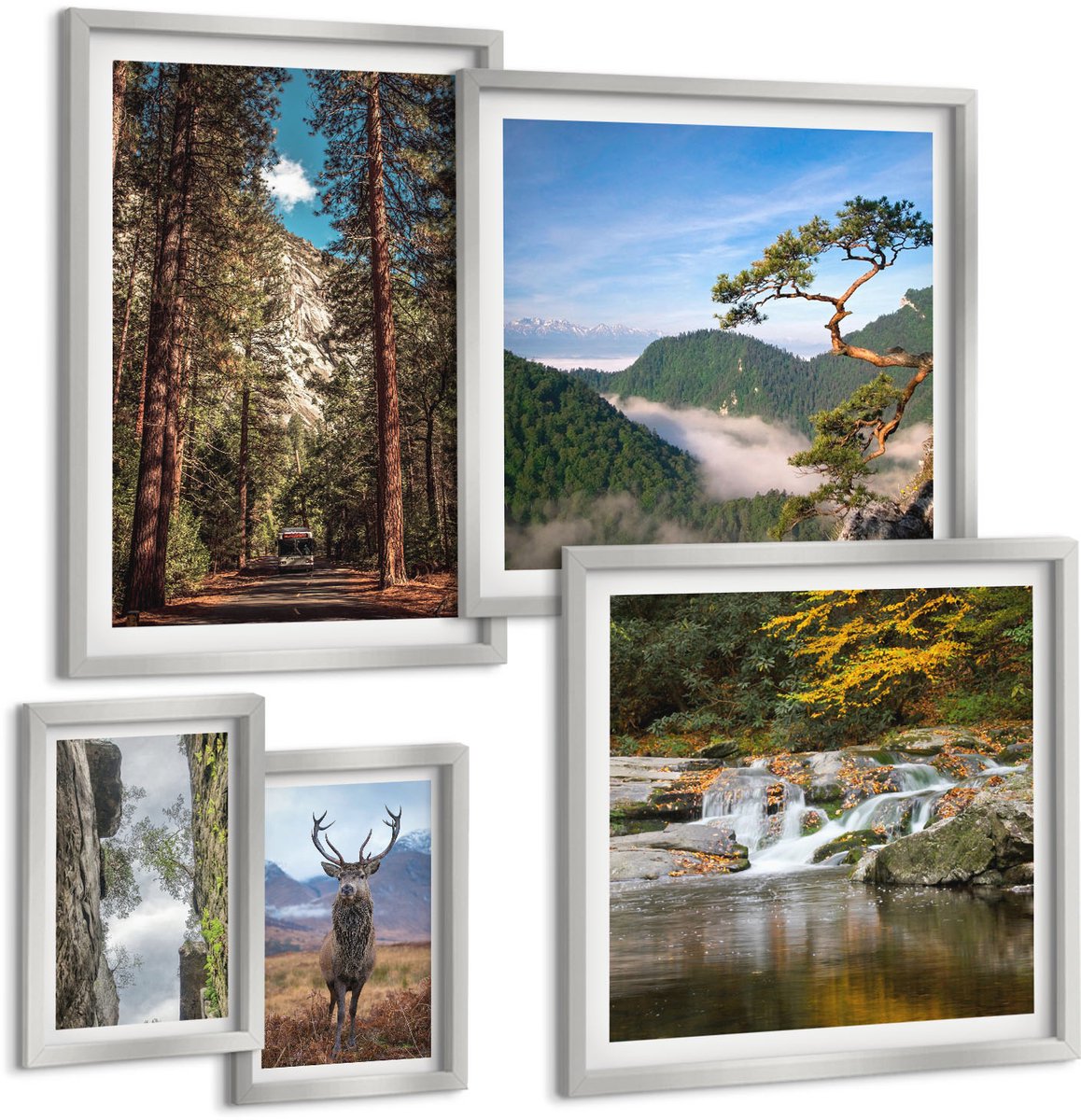 Coloray 5-Delige Schilderij Set - Waterval In Het Bosgebergte En Herten In De Natuur - 20 x 30 cm - Wanddecoratie - Muurdecoratie - Woonkamer - Moderne Wanddecoratie