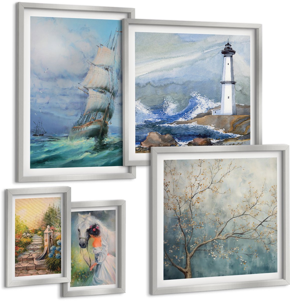 Coloray 5-Delige Schilderij Set - Abstracte Geschilderde Vuurtoren En Dansers - 20 x 30 cm - Muurdecoratie - Schilderijen Set - Woonkamer