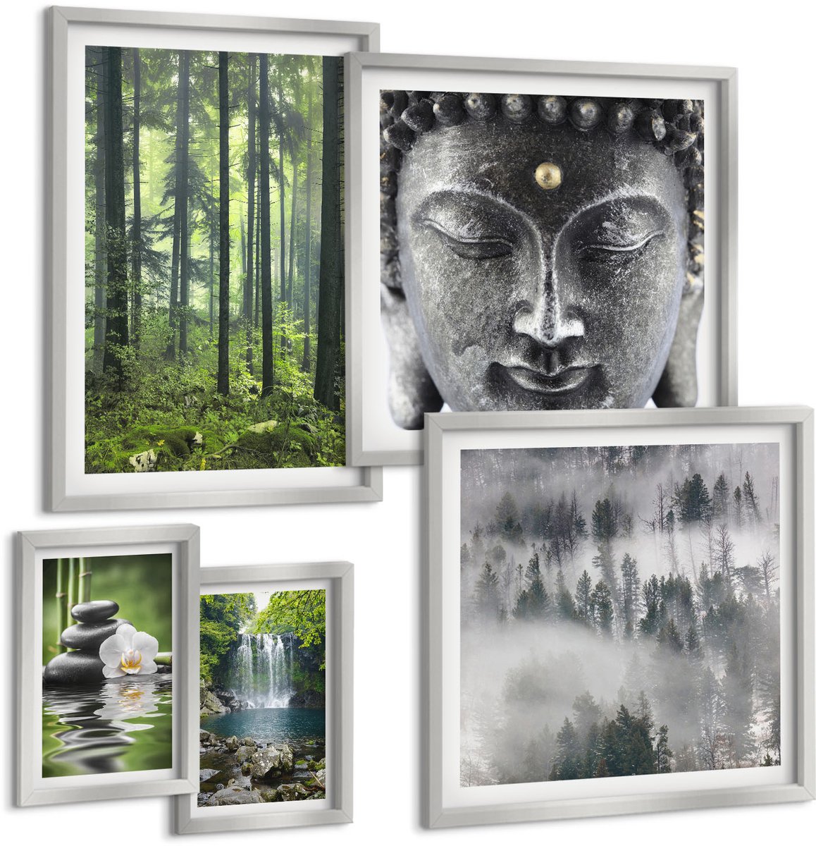 Coloray 5-Delige Schilderij Set - Harmonie Van De Natuur Met Stenen, Water En Boeddha - 20 x 30 cm - Wanddecoratie - Schilderijen Set - Interieur - Decoratieve Schilderijen