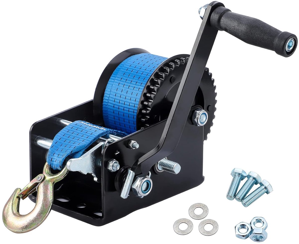 Handlier lier lier met 10 m polyester kabel, 1365 kg | 4:1 8:1, handmatige kabellier bootlier, incl. veiligheidslasthaak met veiligheidsklep - Blauw | Handmatige bootlier met handslinger, 2 versnellingen 4:1 8:1, voor aanhanger, boot, terreinwagen
