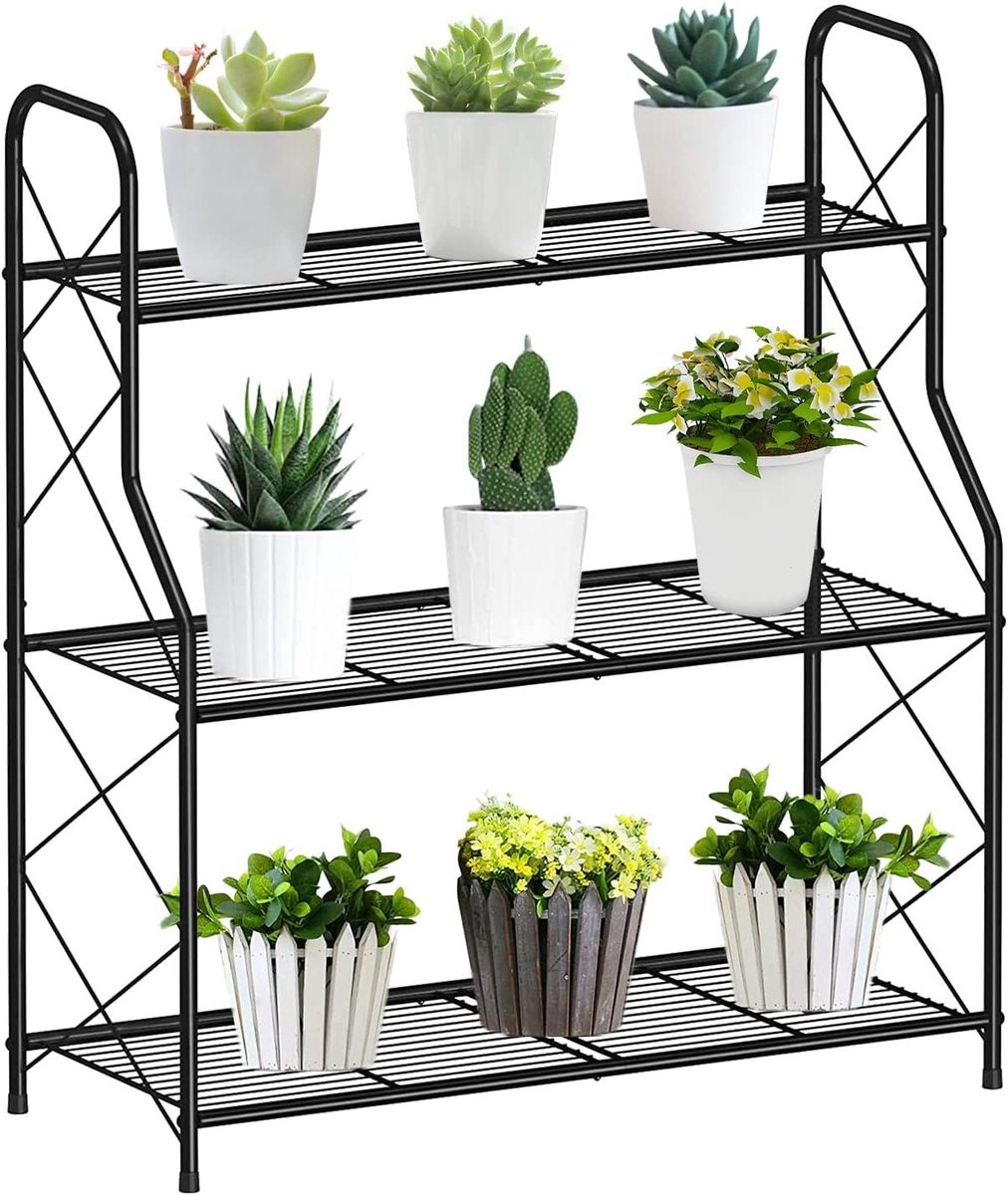 Plantenrek Metaal - Bloemenstandaard - Planten Opslag - Drie Etages Ontwerp - 68 x 29 x 77 cm - Zwart