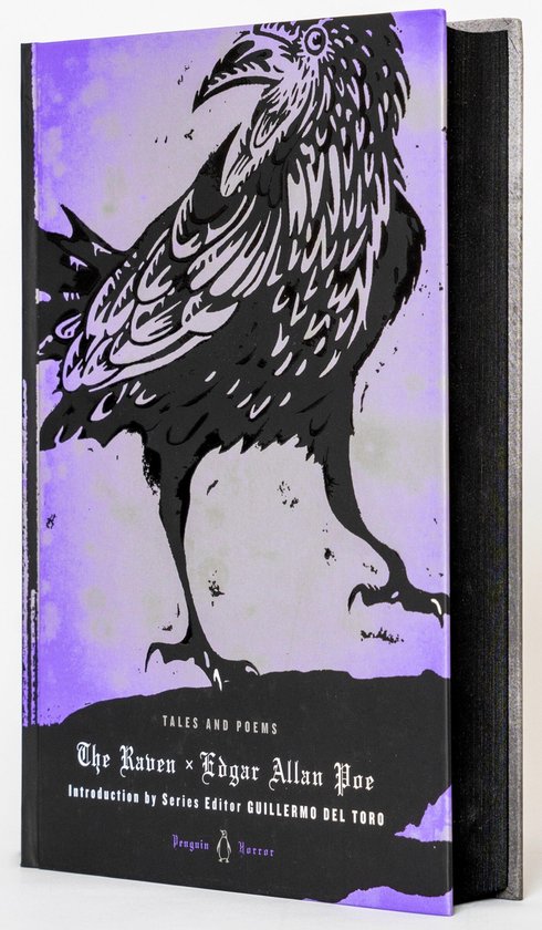 Corbeau gris sur fond violet, avec le texte 'The Raven Edgar Allan Poe'.
