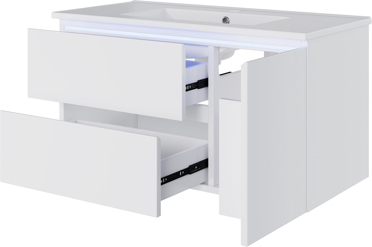 Zwevend Wastafelmeubel 90 cm - Wit Gelakt MDF Badmeubel - Met Keramische Wastafel - 91,5x46,5x50,5 cm - LED Verlichting - Badkamer Wit