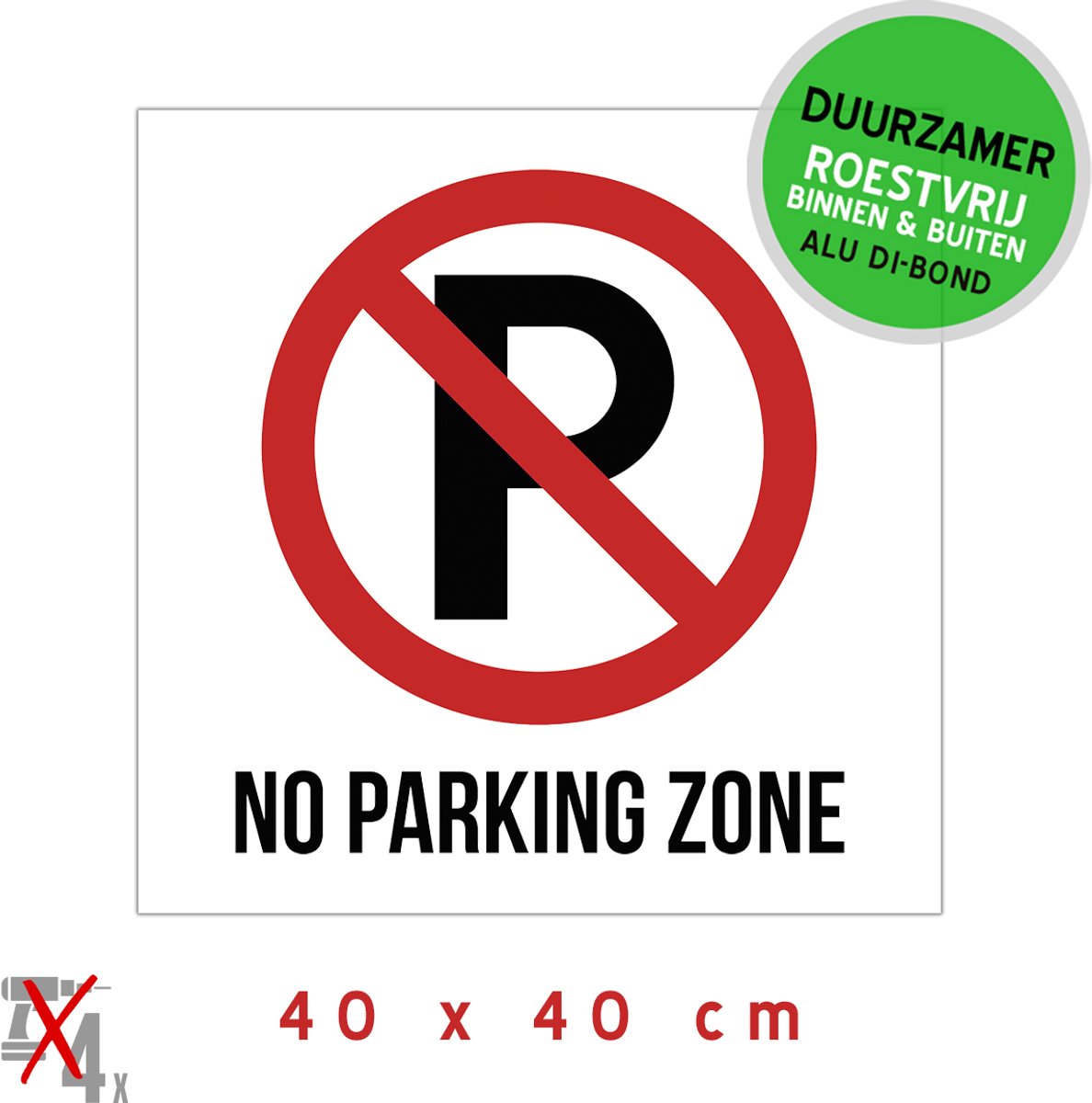 Pictogram/ bord Dibond | "No parking zone" | 40 x 40 cm | Wit | Parkeerverbod | Verboden te parkeren | Engels | Sterk materiaal | Duurzaam | Roestvrij | 1 stuk