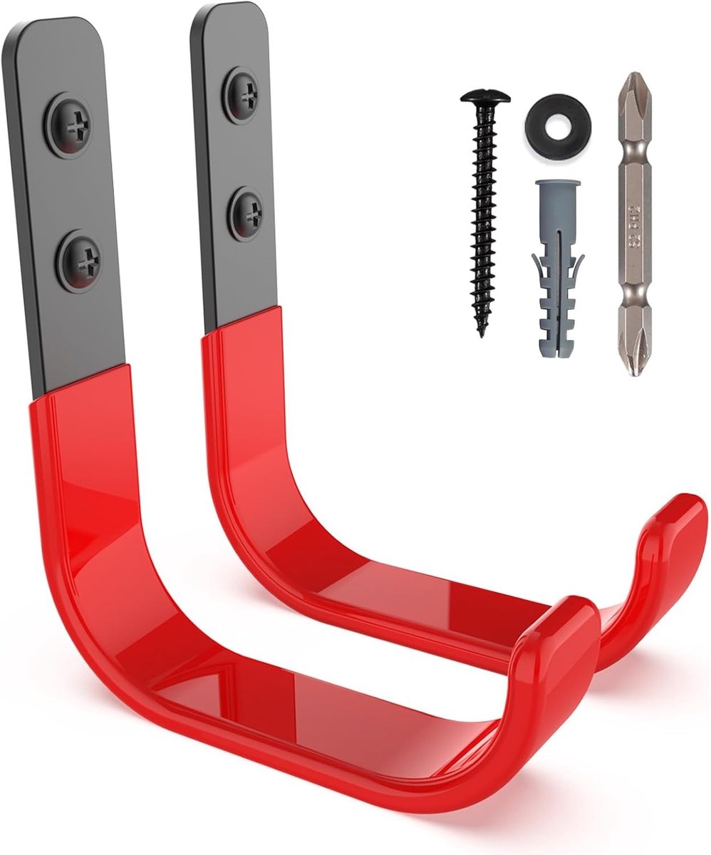 Ophangsysteem tuingereedschap - Rood - 2 stuks - Metalen J-haken met Poedercoating - Voor Garage en Werkplaats