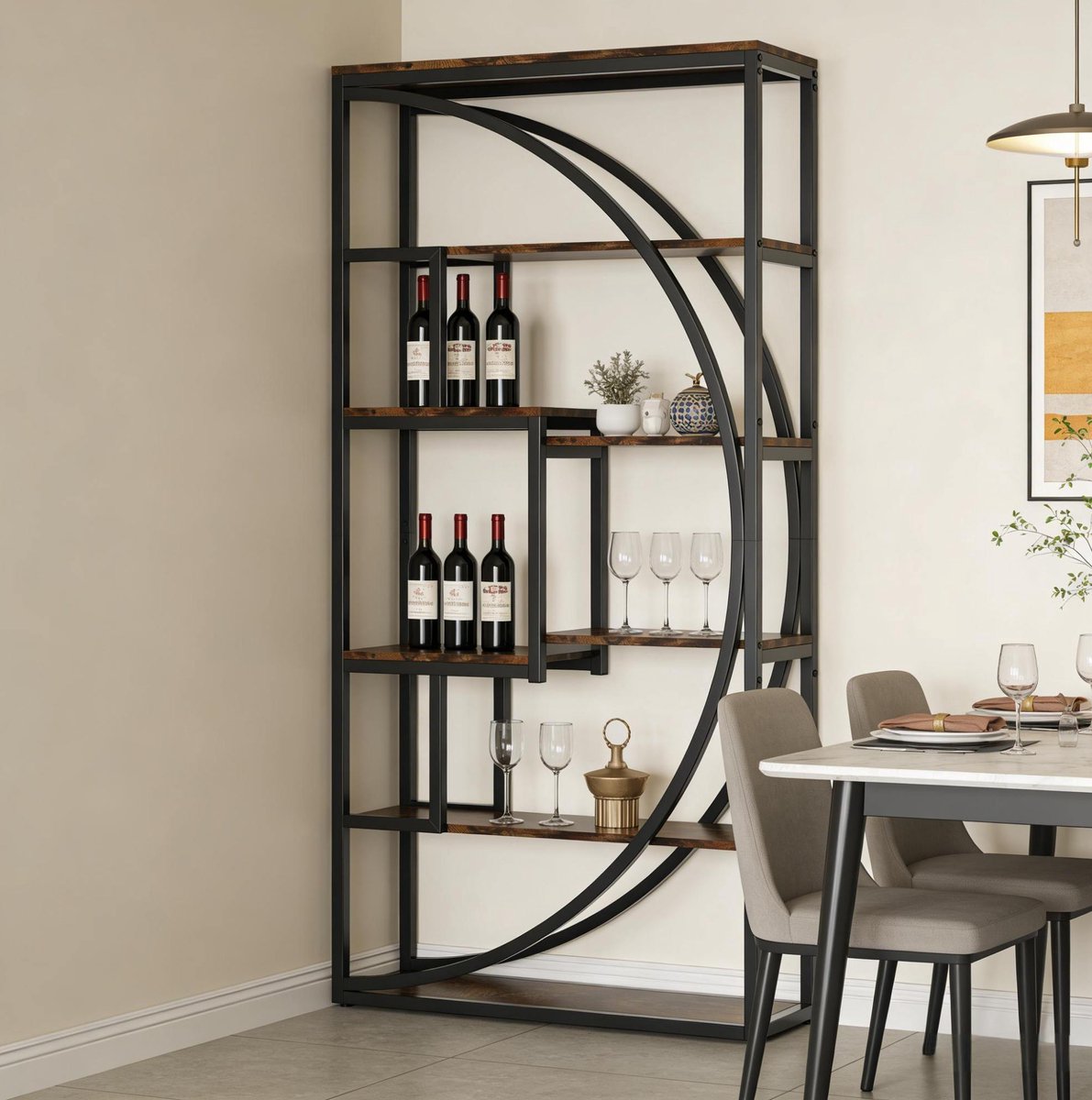 MODFU - Boekenkast - Geometrisch Design - Zwart - Rustiek Bruin - 80 X 30 X 179 Cm