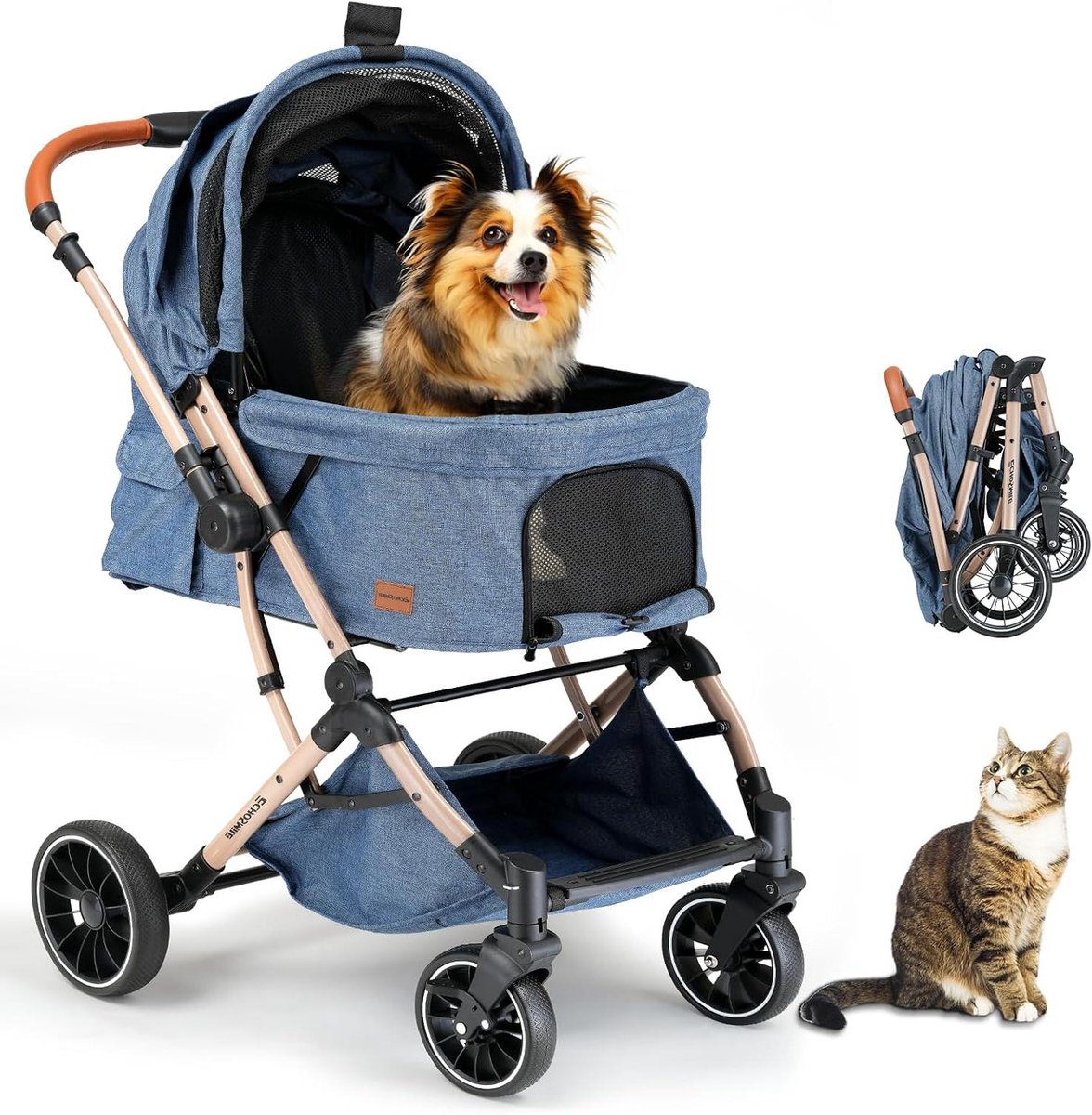 Opvouwbare Hondenbuggy - Dierenwagen Reizen - Comfortabel Vervoer - Omkeerbare Handgreep - Tot 20 kg - Blauw